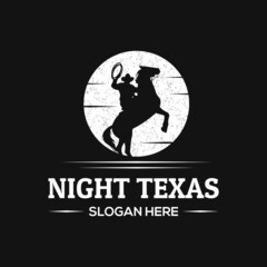Cowboy Riding Horse Silhouette at Night logo design. Vintage cowboy logo. - obrazy, fototapety, plakaty