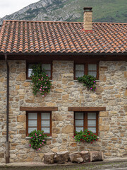 Vistas del detalle de cuatro ventanas en la fachada de una casa típica de pueblo, con flores y cortinas blancas, en Cazo, en Cantabria, España, verano de 2020