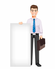 Business man standing near blank placard