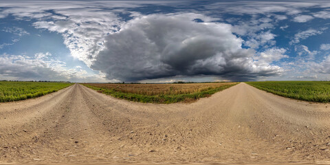360 seamless hdri panorama view on gravel road before storm with overcast sky and dark cloud in...