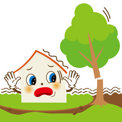 擬人化した家のキャラクターのイラスト：巨大地震　大地震　住宅　自然災害　損害保険向け