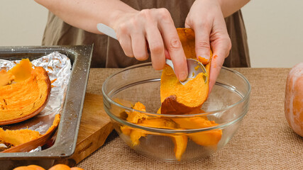 Making pumpkin puree step by step recipe. Scoop out the tender pumpkin fresh from the outer shell...