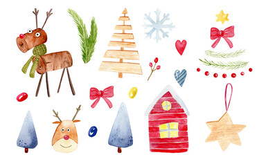 Collection of watercolor cliparts for Christmas and New year. Watercolor illustrations of deer, Christmas tree, snowflakes and other Christmas items. Isolated on white backdrop. 