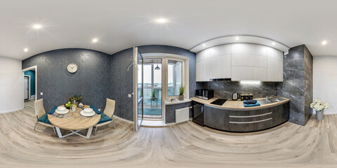 360 seamless hdri panorama view inside small kitchen with served table in equirectangular spherical...