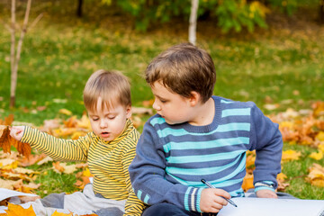 Autumn mood. The boys are sitting on a blanket in the park. Autumn portrait of a child in yellow foliage. Sight. A sweet, caring boy.