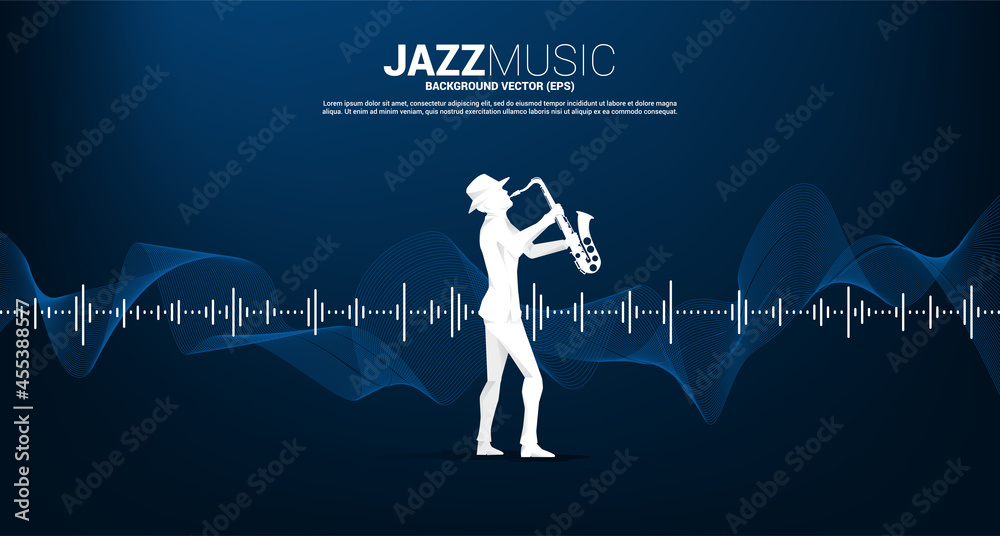 Aufkleber vector silhouette of the saxophonist with music note icon sound wave equalizer background. concept b