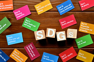 On a wood board, wooden word cubes are arranged in the letters SDGs. It is an abbreviation for...