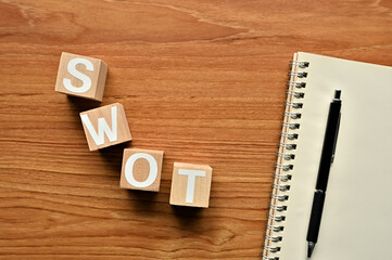 On a wood board, wooden word cubes are arranged in the letters SWOT. It is an abbreviation for...