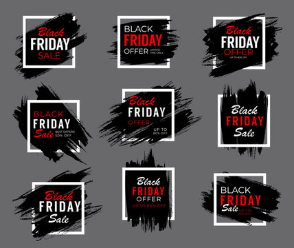Black Friday weekend sale banners, shop offer and promo labels, vector. Black Friday discount tags and store posters or sale cards for price promotion and shopping clearance deal in black paint brush