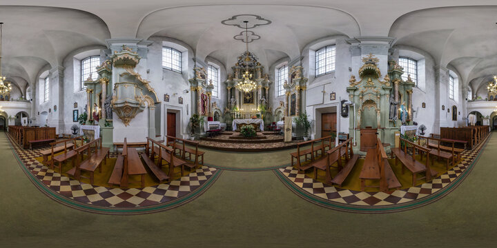 SLONIM, BELARUS - SEPTEMBER 2021: 360 seamless hdri panorama view inside interior baroque catholic church of saint trinity in equirectangular spherical projection, ready AR VR virtual reality content
