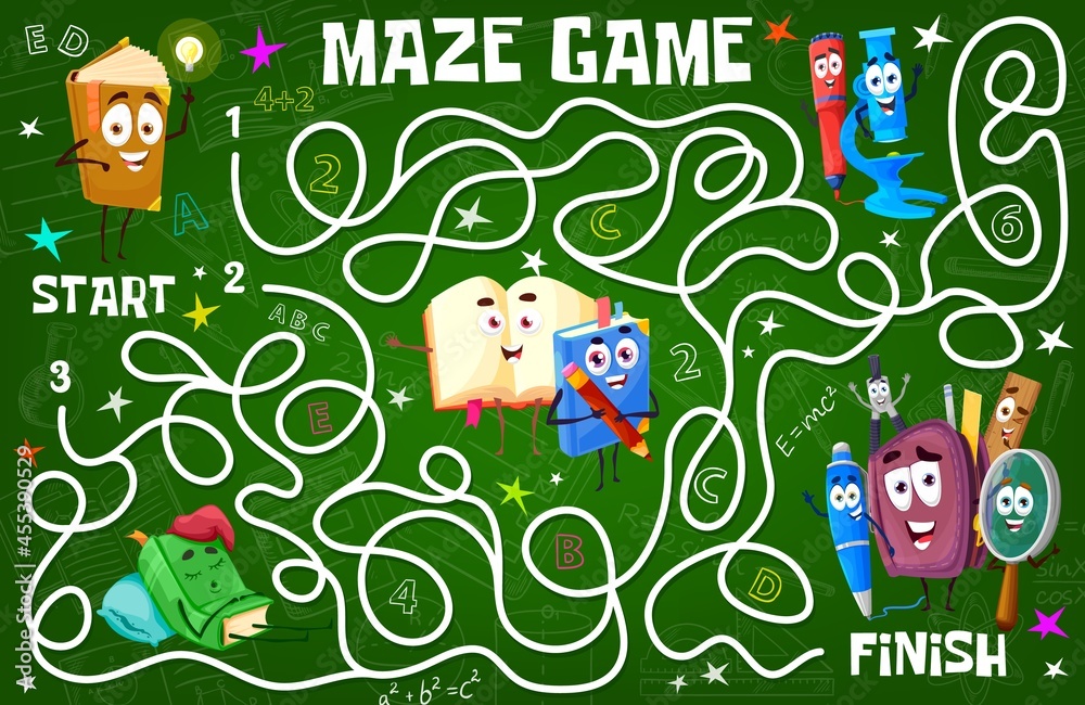 Poster kids labyrinth maze with school books, science formulas and education stationery characters. child p