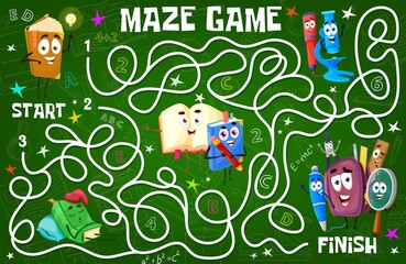 Kids labyrinth maze with school books, science formulas and education stationery characters. Child playing activity with finding way task, cartoon vector children maze labyrinth game, riddle or quiz