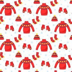 Vector winter seamless pattern with red sweater, hat, mittens and socks. Christmas pattern for fabrics, wrapping paper, scrapbooking or brand package.