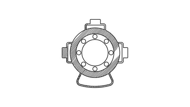Black line Aqualung icon isolated on white background. Diving helmet. Diving underwater equipment. 4K Video motion graphic animation