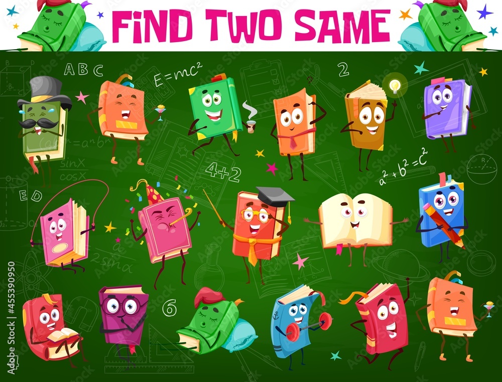 Poster find two same textbook or bestseller book. kids game worksheet, logical riddle or child educational 