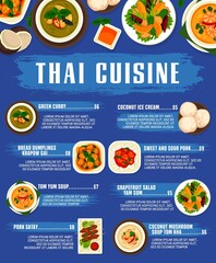 Obraz premium Thai cuisine, Thailand food dishes and meals, vector restaurant lunch and dinner menu. Thai traditional Tom Yum soup, green curry and pork satay, grape fruit salad yam som and basil chicken pad