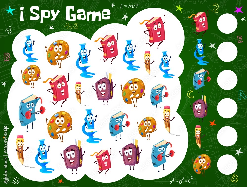 Poster kids spy game worksheet with cartoon books, textbooks, school education funny characters. children l