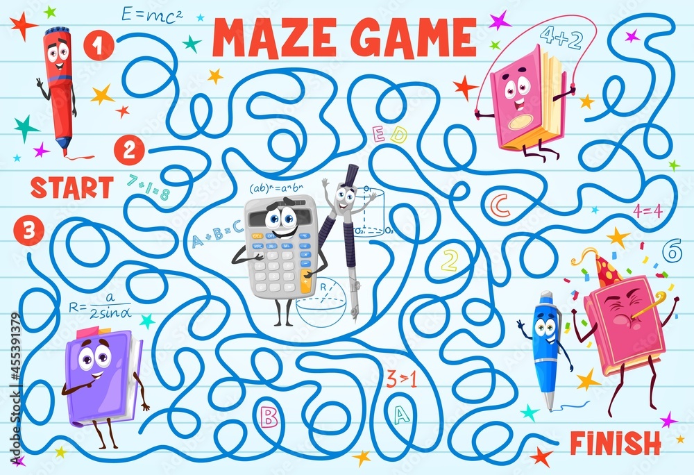 Poster labyrinth maze with school books, pen, pencil, calculator and compasses cartoon characters. children