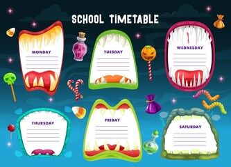 School schedule, timetable or education planner vector template with Halloween monster mouth frames. Week time table or weekly study plan of student classes with background of Halloween sweets