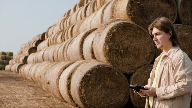 Farmer agronomist checks hay bales on the wheat field after harvest at sunset. Business owner looks in tablet in field wheat. Smart farming technology. Hay bales are stack large stacks