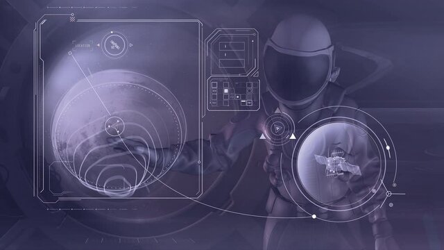 The astronaut works with a virtual panel, 3D render.