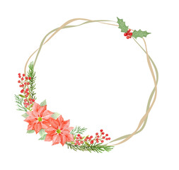 水彩で描いたポインセチアの円フレーム　クリスマスの花輪
