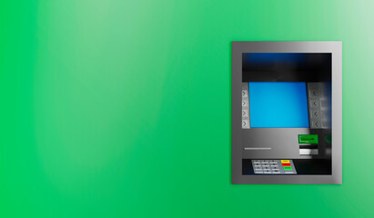 Automated Teller Machine isolated in green background with copy space. 3d render illustration banner.