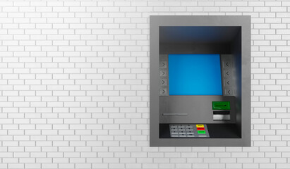 Automated Teller Machine isolated in white bricks background with copy space. 3d render illustration banner.