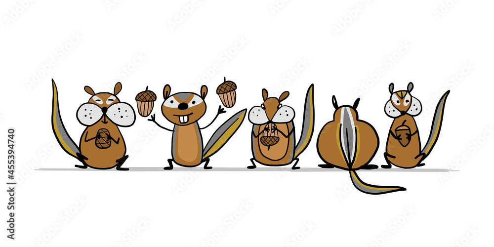 Poster funny chimpank family with nuts. ground squirrel. sketch for your design