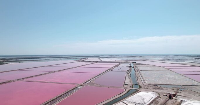 4K Aerial Drone Footage Flying Over Pink Salt Lakes Above Waters in Camargue, France.