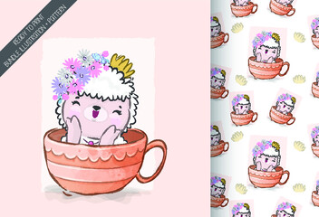 Cute animal baby sheep on the cup seamless pattern: can be used for cards, invitations, baby shower, posters; with white isolated background
