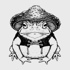 Vintage vector illustration of a toad and mushroom witch Tattoo style Witchcraft gothic Halloween occult voodoo vector illustration Magic frog toad Black and white drawing of mystical animal sketch