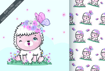 Cute animal baby sheep with butterfly seamless pattern: can be used for cards, invitations, baby shower, posters; with white isolated background

