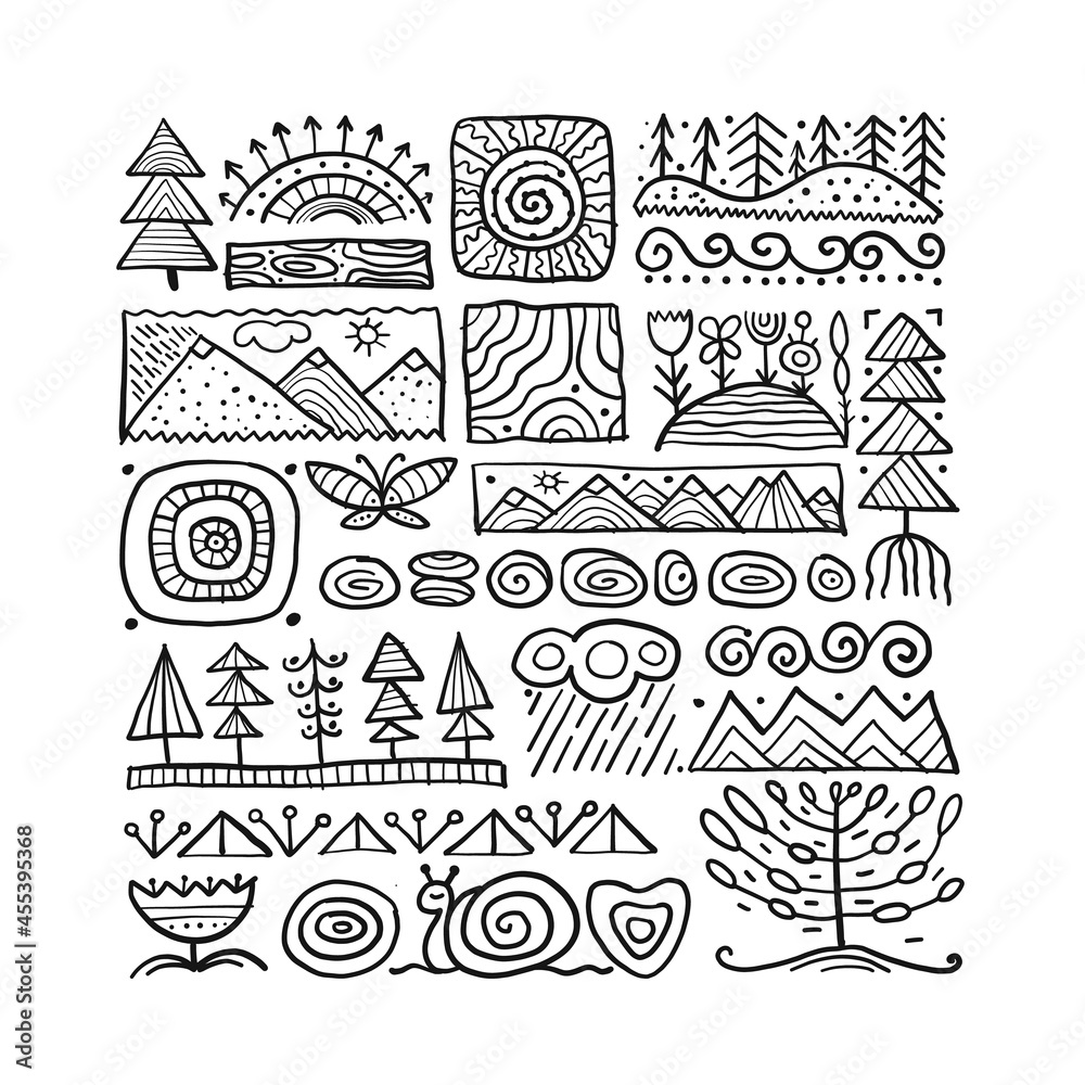 Sticker abstract nature frame for your design. forest and mountain icons. ethnic style