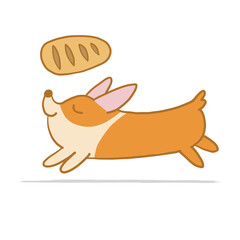 Corgi dog. Funny Puppy running with loaf. Sketch for your design