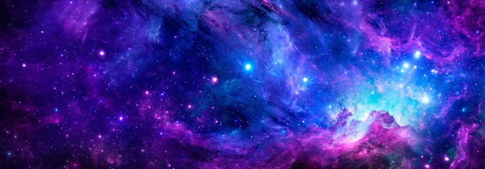 Fototapeten Kosmischer Hintergrund mit einem blauen purpurroten Nebel und Sternen © MARIIA