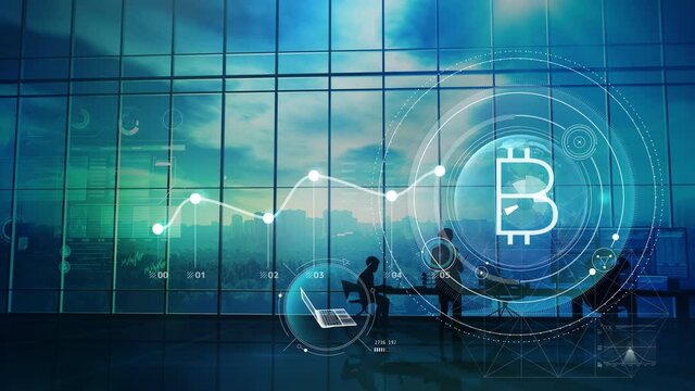 Bitcoin infographics on the background of the office, 3D render.
