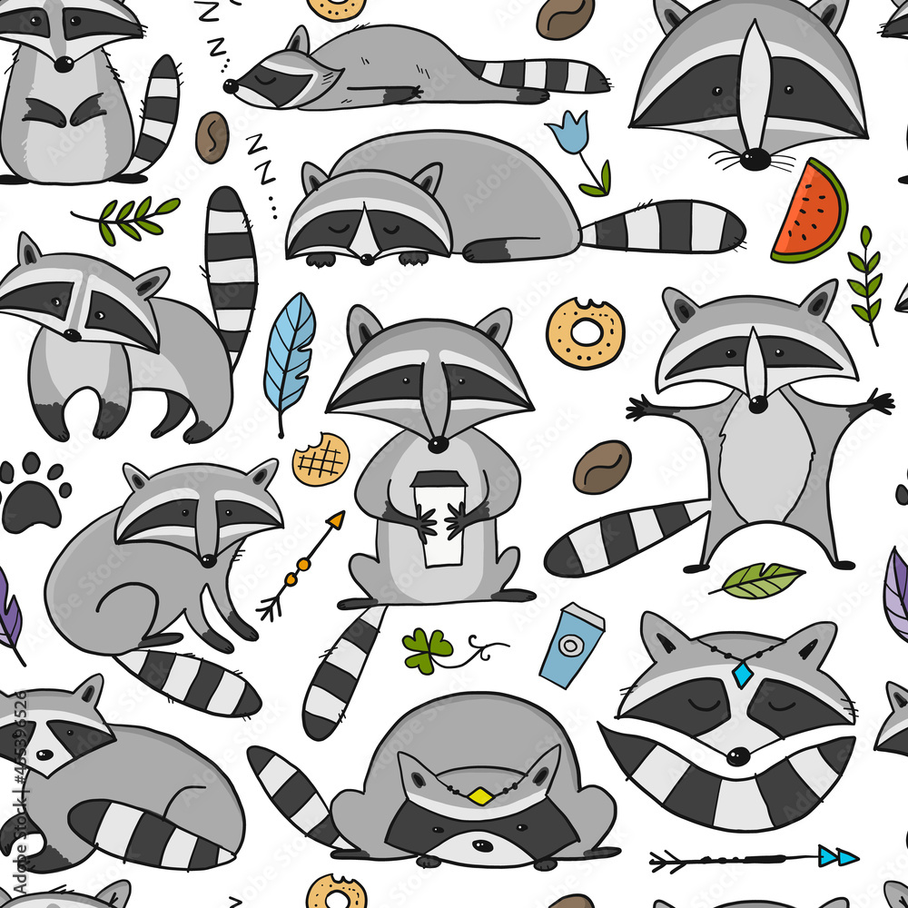 Poster racoons family. funny characters. seamless pattern for your design
