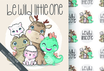 Fototapeta premium Cute animals baby wild family with seamless pattern: can be used for cards, invitations, baby shower, posters; with white isolated background 