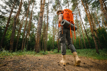 Young caucasian woman is engaged in hiking. A girl with a tourist backpack walks through the coniferous forest
