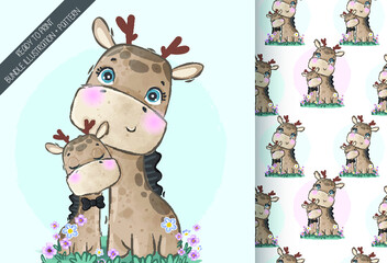Cute animals baby giraffe family with seamless pattern: can be used for cards, invitations, baby shower, posters; with white isolated background
