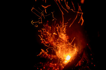 Fototapeta na wymiar Beautiful fire. Firewood burns in the dark. Coal sparks.