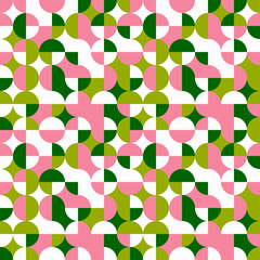 Pink and green quarters pattern. Vector seamless quarters of circles mosaic geometric sample.