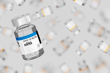 3D rendering Covid-19 mRNA vaccine bottle, Vaccination Campaign for Herd immunity protection from pandemic concept design on white background with copy space - obrazy, fototapety, plakaty
