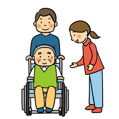 高齢者の家族に車椅子の使い方を教える介護士のイラスト