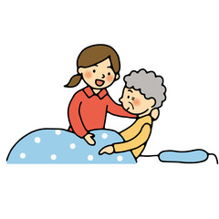 ベッドで高齢者んの介護をする女性のイラスト