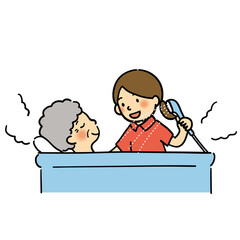 高齢者をお風呂に入れる介護士のイラスト