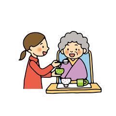 高齢者を食事の介助をする女性のイラスト