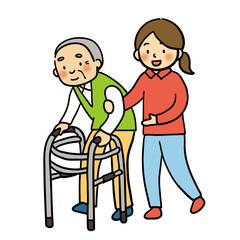 高齢者の歩行補助をする女性のイラスト