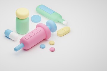 Isometric 3D rendering Covid-19 vaccine bottle and syringe toy from wood, Vaccination Campaign for Herd immunity Kids protection from pandemic concept design on white background with copy space